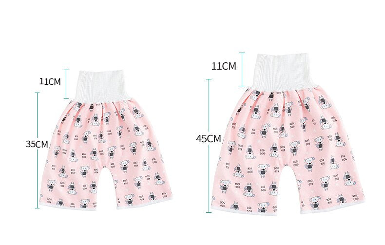 Rosa Babyhose mit Pandamuster, elastischer Bund, Baumwolle, Größenvergleich, 35cm und 45cm.