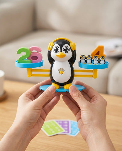 Zwei Hände halten die Pinguin-Waage mit Kopfhörern, links die Zahlen 2 und 6, rechts vier Pinguine und eine Vier 7