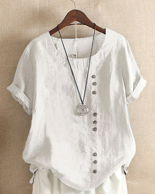 Weiße Leinenbluse mit asymmetrischer Knopfleiste und Rundhalsausschnitt, Damenmode.