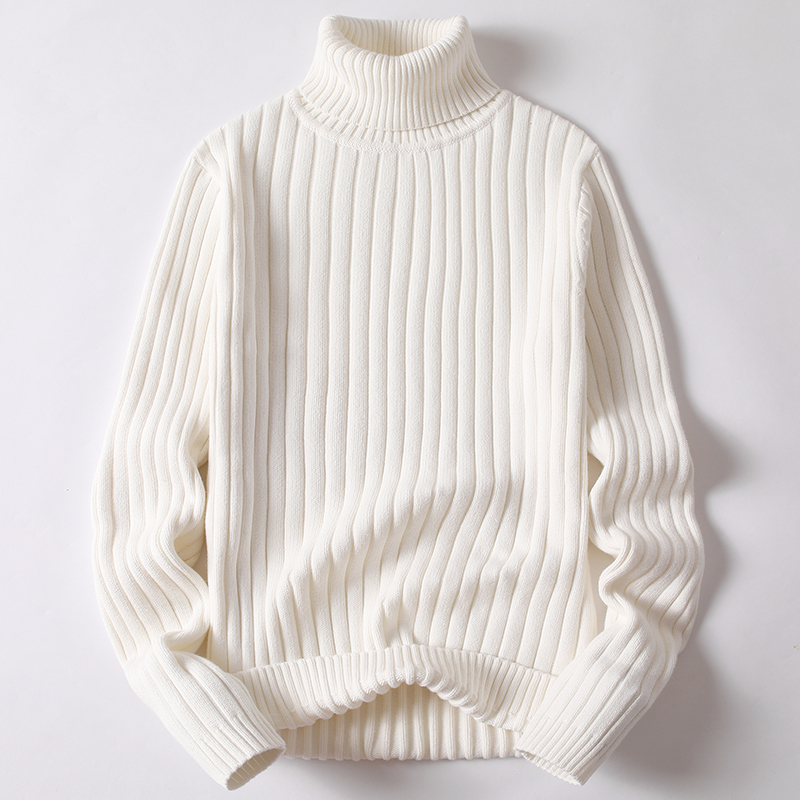 Weißer Rollkragenpullover aus Strick, geripptes Design, Unisex, Wintermode, Baumwolle.