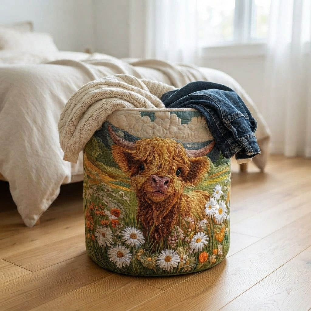 Der Korb steht am Fußende eines Betts auf Holzboden, gefüllt mit einer Strickdecke und einer Jeans. 5