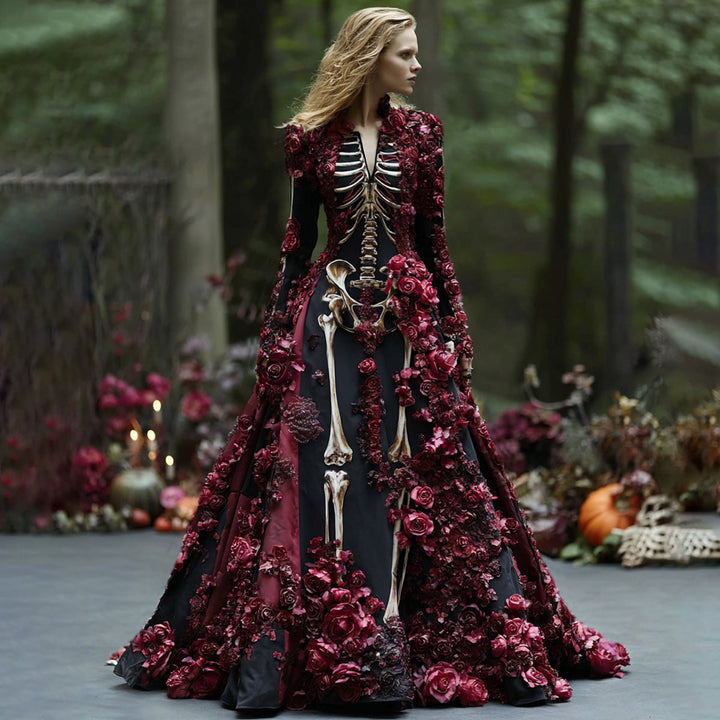 Das schwarze Skelettkleid mit dunkelroten Rosenapplikationen, ganzfigurig an einer Frau im herbstlich dekorierten Wald gezeigt. 5
