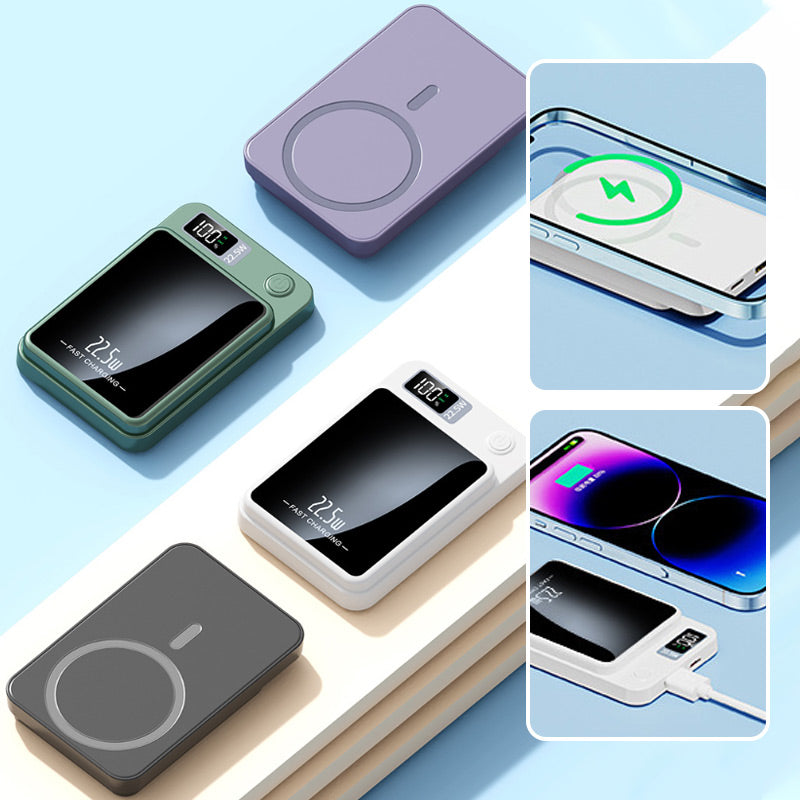 Collage der Powerbank in Lila, Grün, Weiß und Schwarz, mit Detailbildern zu kabellosem Laden am Smartphone und Laden per Kabel. 9