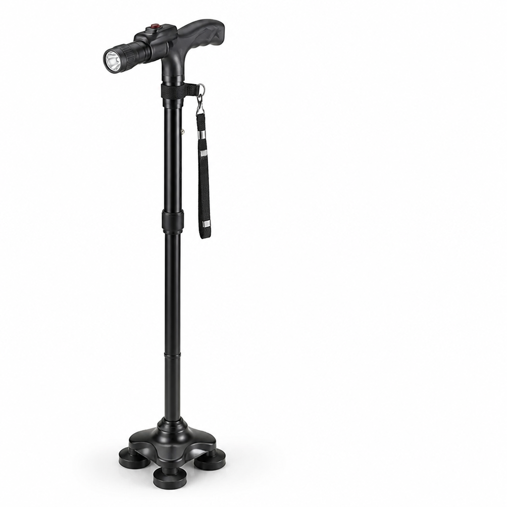 Lightweight Aluminum Folding Walking Cane with 4-Point Base, LED Light & Alarm 6