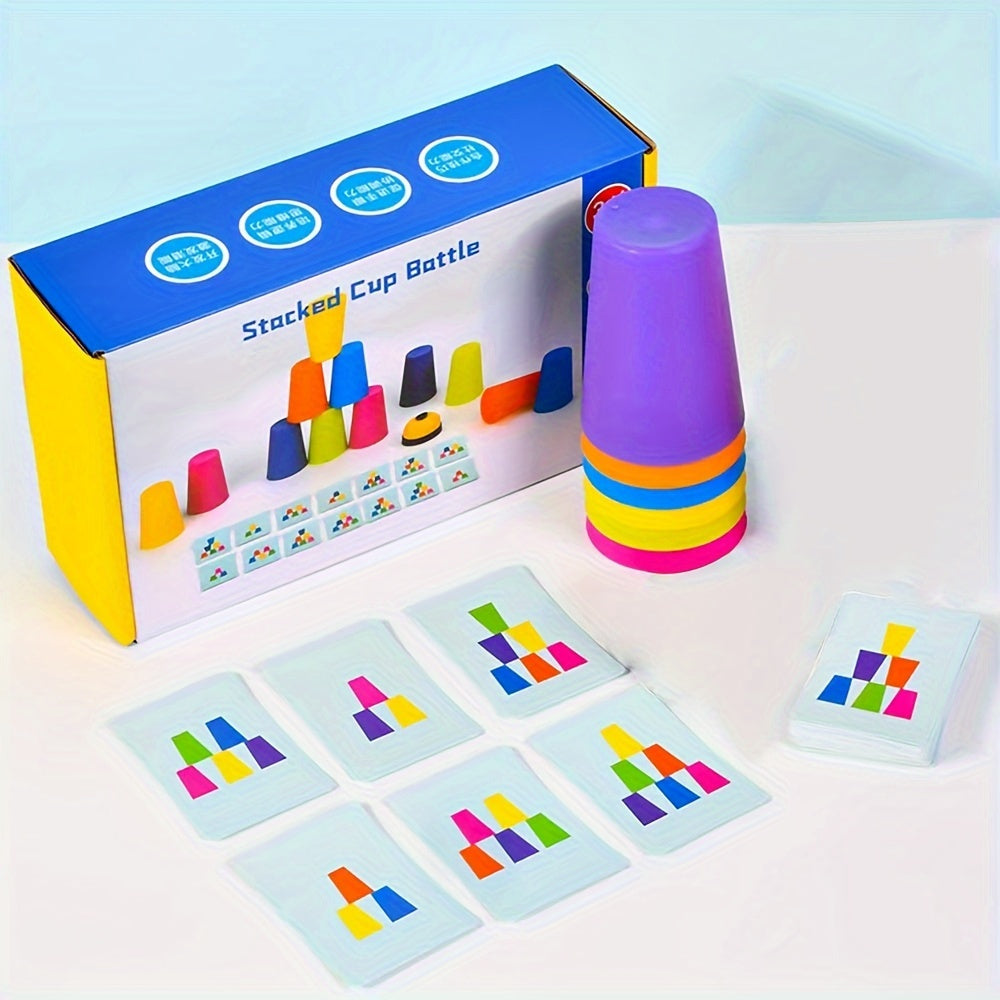 Buntes Stapelbecher-Spiel mit Karten, Lernspielzeug für Kinder, Geschicklichkeitstraining.