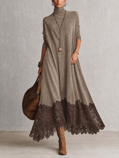 Kleid in Taupe mit dunkelbraunem Spitzensaum, Ganzkörperansicht von vorn mit Stiefeln und Tasche 8