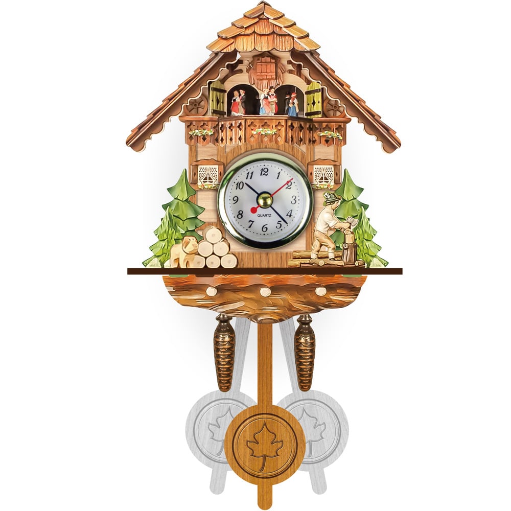 Kuckucksuhr-Wanduhr mit verziertem Schindeldach, Holzfäller beim Hacken, Baumstapel mit Hund, zwei Tannen und Pendel mit Ahornblatt. 4