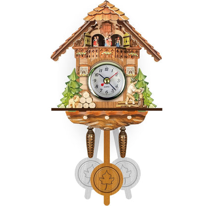 Kuckucksuhr-Wanduhr mit verziertem Schindeldach, Holzfäller beim Hacken, Baumstapel mit Hund, zwei Tannen und Pendel mit Ahornblatt. 4