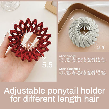 Verstellbarer roter und grauer Haargummi, elastisch, für verschiedene Haarlängen.