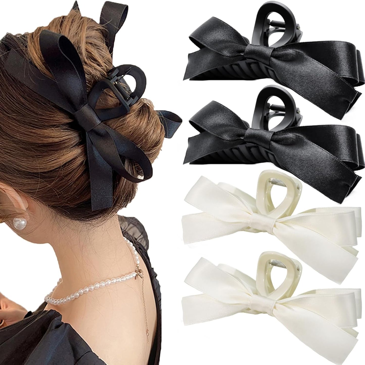 Schwarze und weiße Haarklammern mit Schleifen, elegantes Haaraccessoire für Damen.