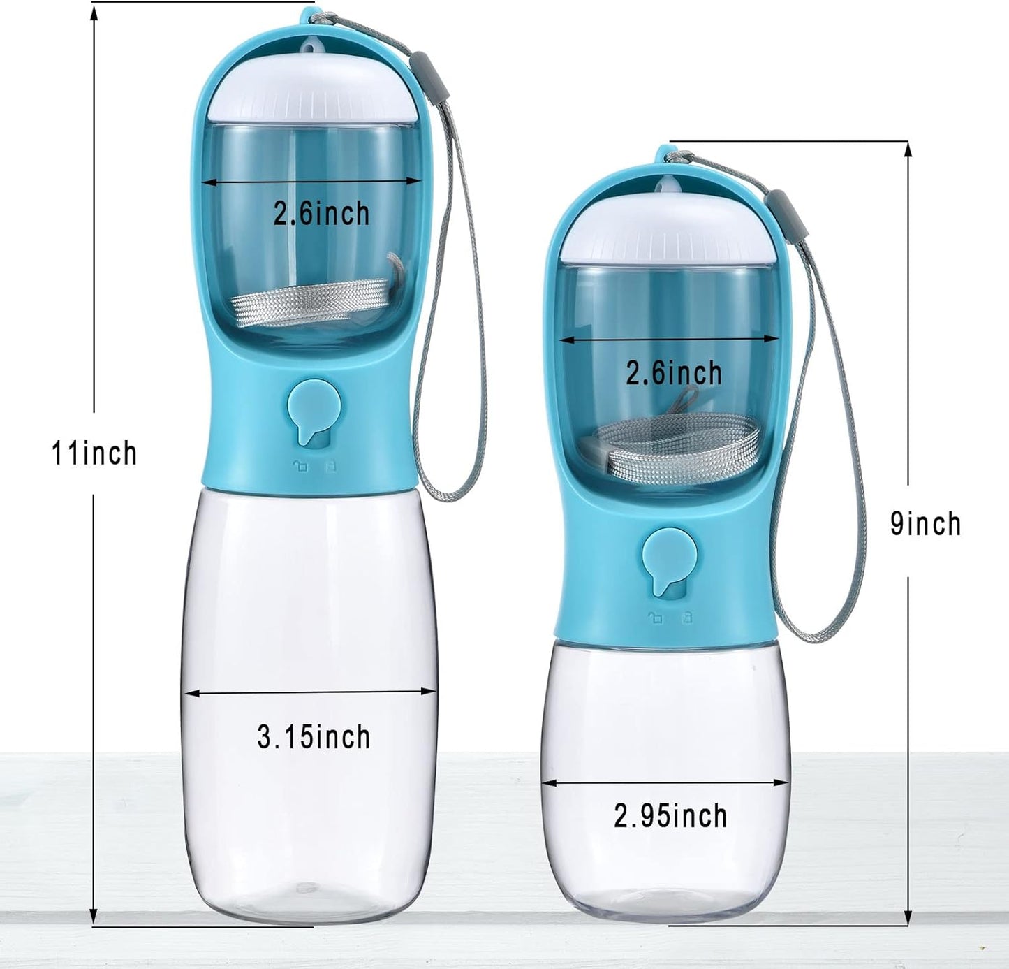 Tragbare blaue Hundewasserflasche, auslaufsicher, 11 Zoll, mit Filter und Trageschlaufe.