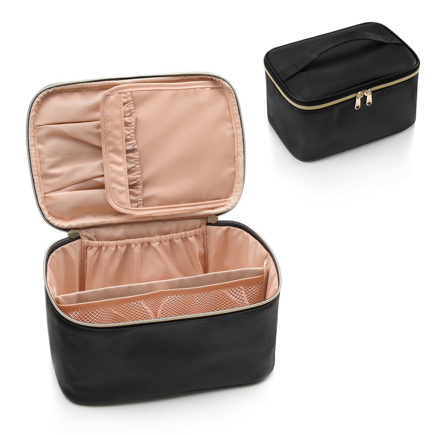 Schwarze Kosmetiktasche mit Reißverschluss, Innenfächer, ideal für Reisen und Make-up-Aufbewahrung.