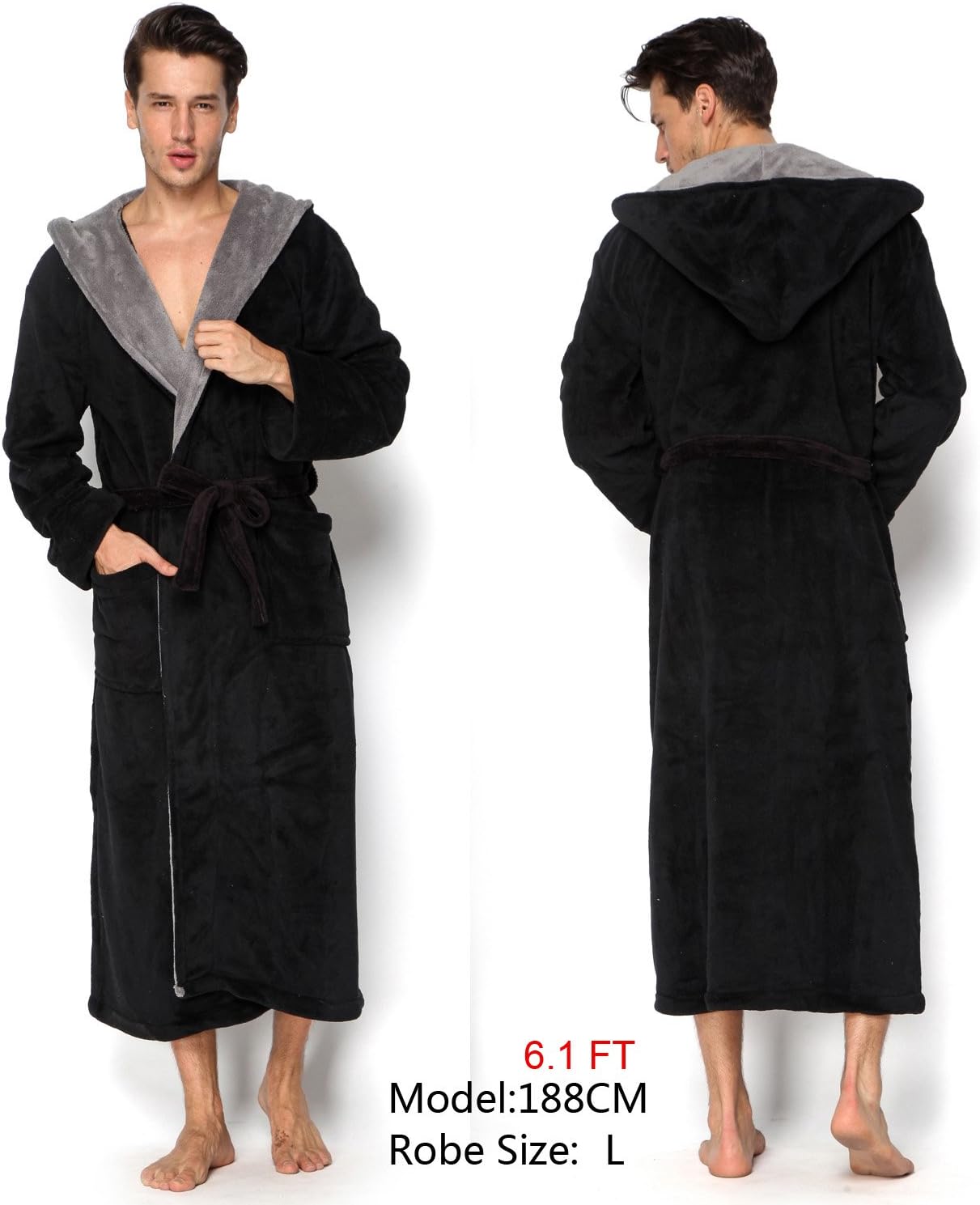 Schwarzer Herren-Bademantel mit Kapuze, Fleece, Größe L, gemütlich und warm.