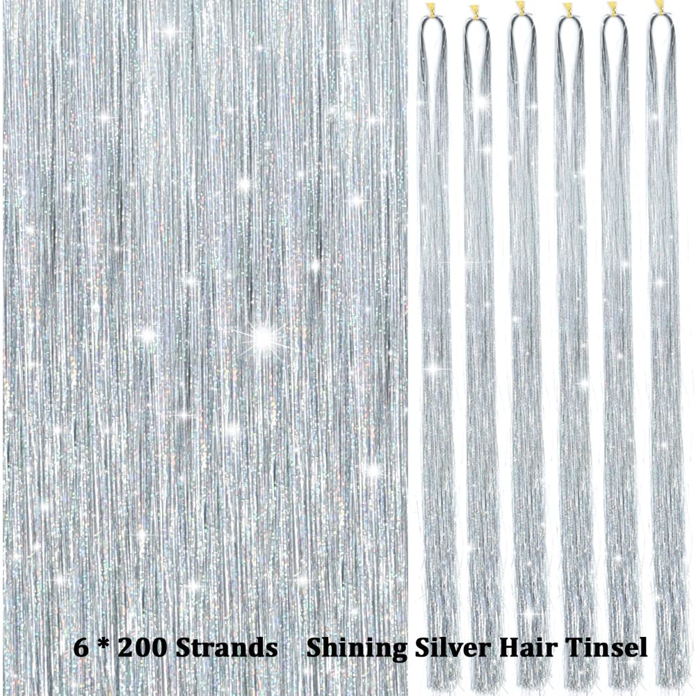Silbernes Haartinsel Set, 6x200 Strähnen, glänzend, Party-Dekoration, DIY Haaraccessoire.