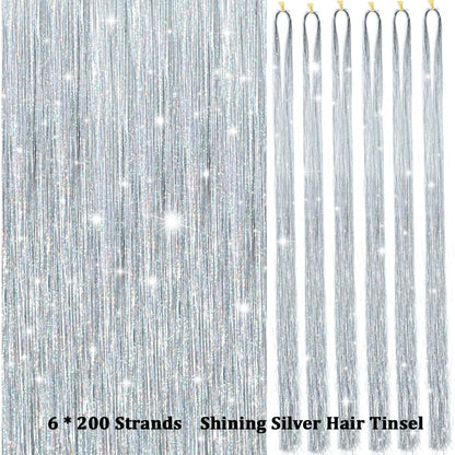 Silbernes Haartinsel Set, 6x200 Strähnen, glänzend, Party-Dekoration, DIY Haaraccessoire.