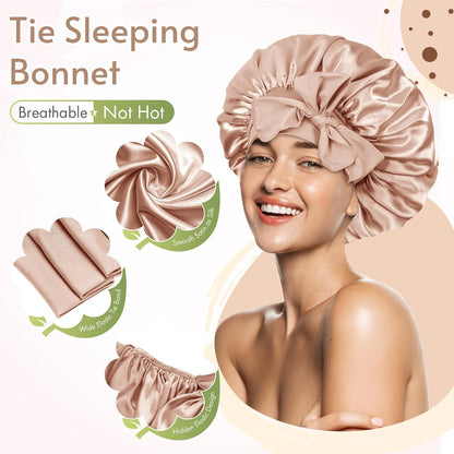 Seidenschlafhaube Damen, beige, atmungsaktiv, mit Schleife, für Haare, Nachtpflege.