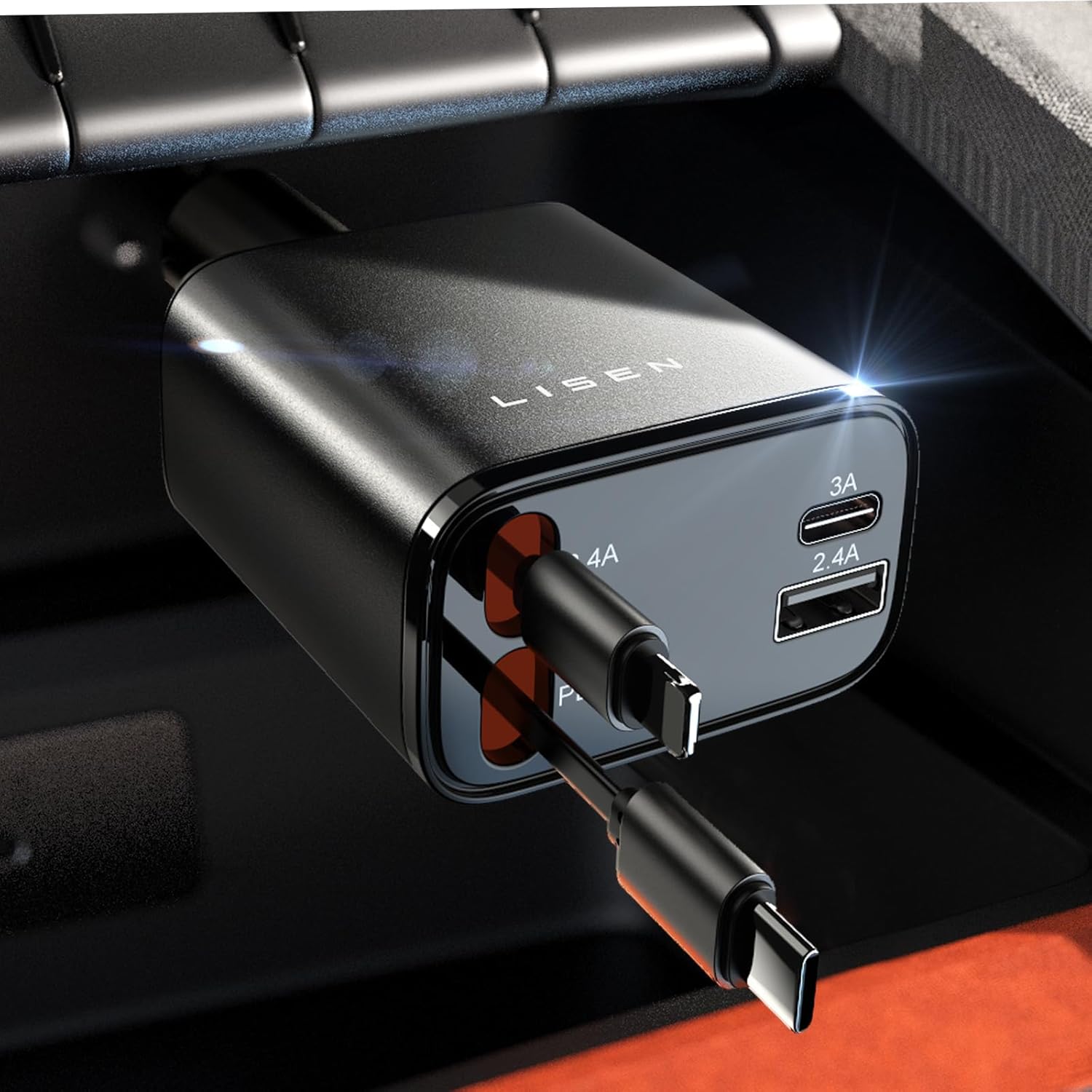 Schwarzes USB-Auto-Ladegerät mit zwei Anschlüssen, Schnellladefunktion, kompakt, Lisen-Marke.