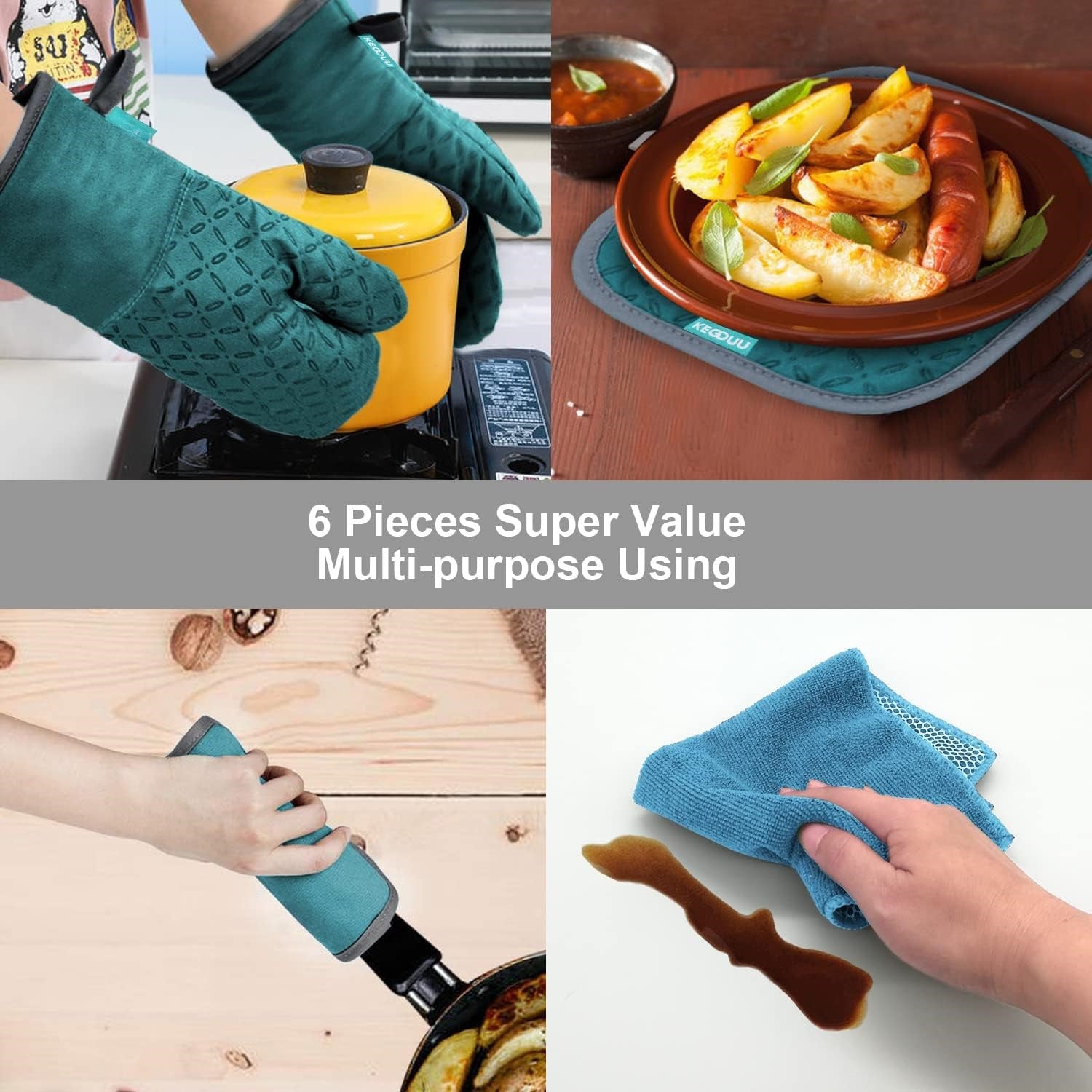Küchenzubehör-Set, 6-teilig, blau, hitzebeständige Handschuhe, Topflappen, Reinigungstuch.