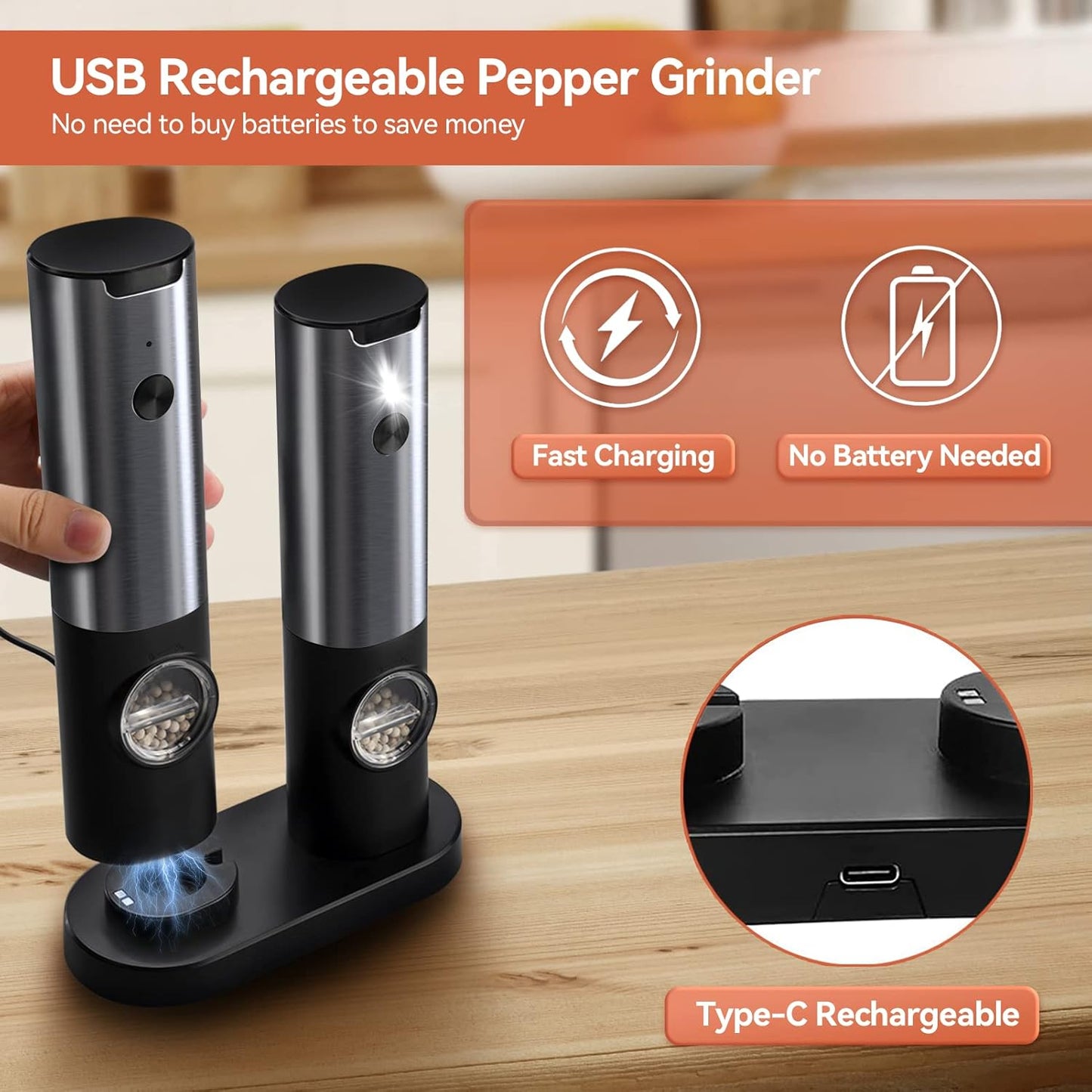 USB wiederaufladbare Pfeffermühle, Edelstahl, schwarz, Typ-C, schnellladend, batterielos.