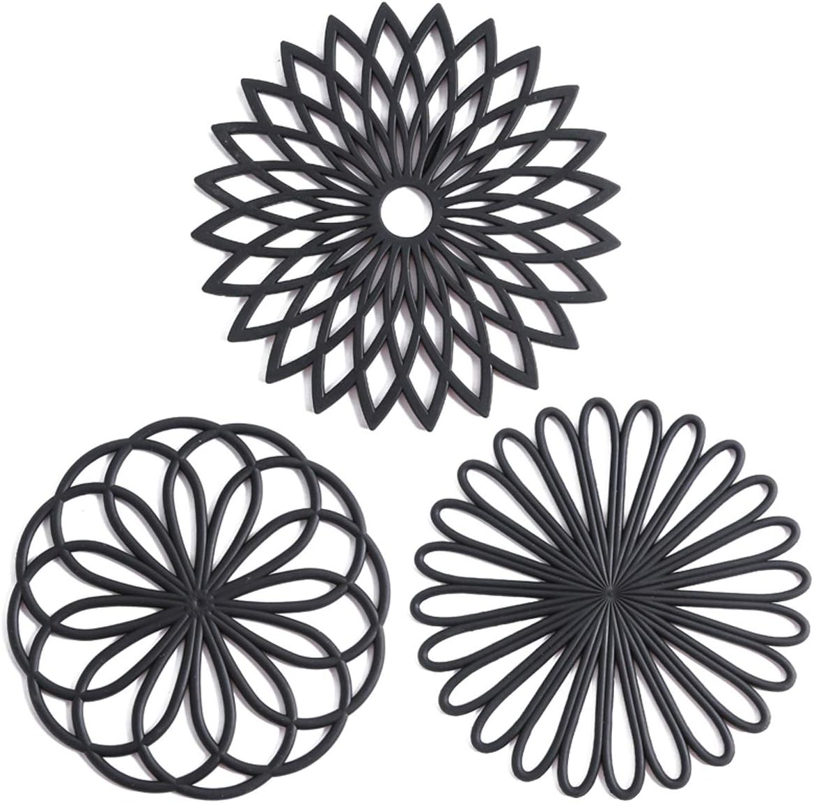 Schwarze Silikon-Untersetzer Set, hitzebeständig, rutschfest, geometrisches Design, 3 Stück