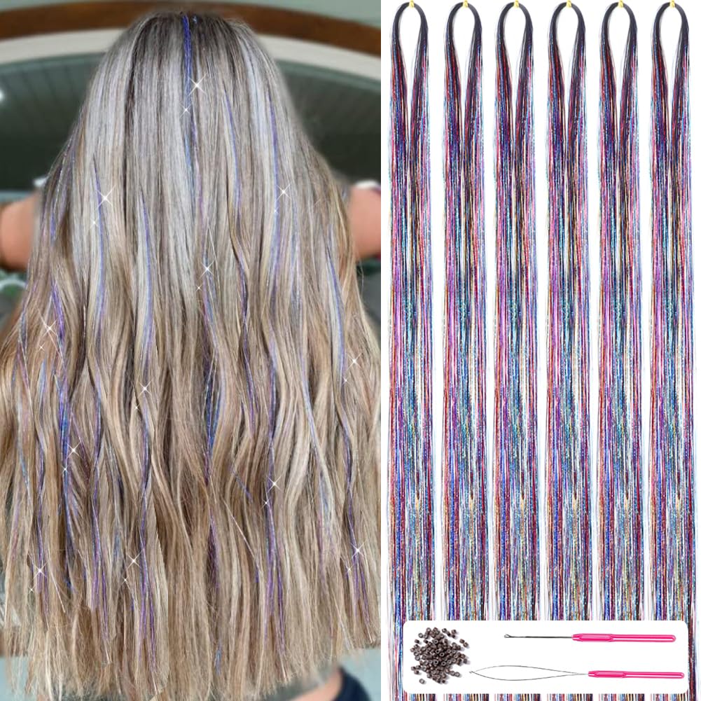 Blonde Haare mit bunten Glitzersträhnen, Haarverlängerung, DIY-Set, Häkelnadel inklusive.