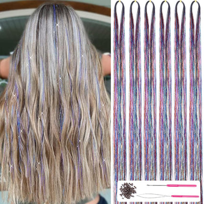 Blonde Haare mit bunten Glitzersträhnen, Haarverlängerung, DIY-Set, Häkelnadel inklusive.