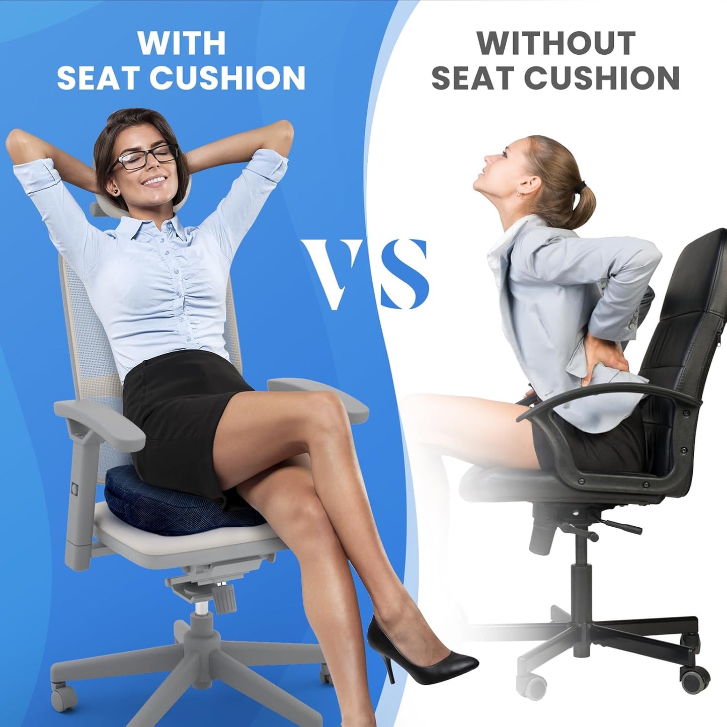 Bürostuhl mit Sitzkissen, ergonomisch, blau, Komfortvergleich, Rückenschmerzen lindern.