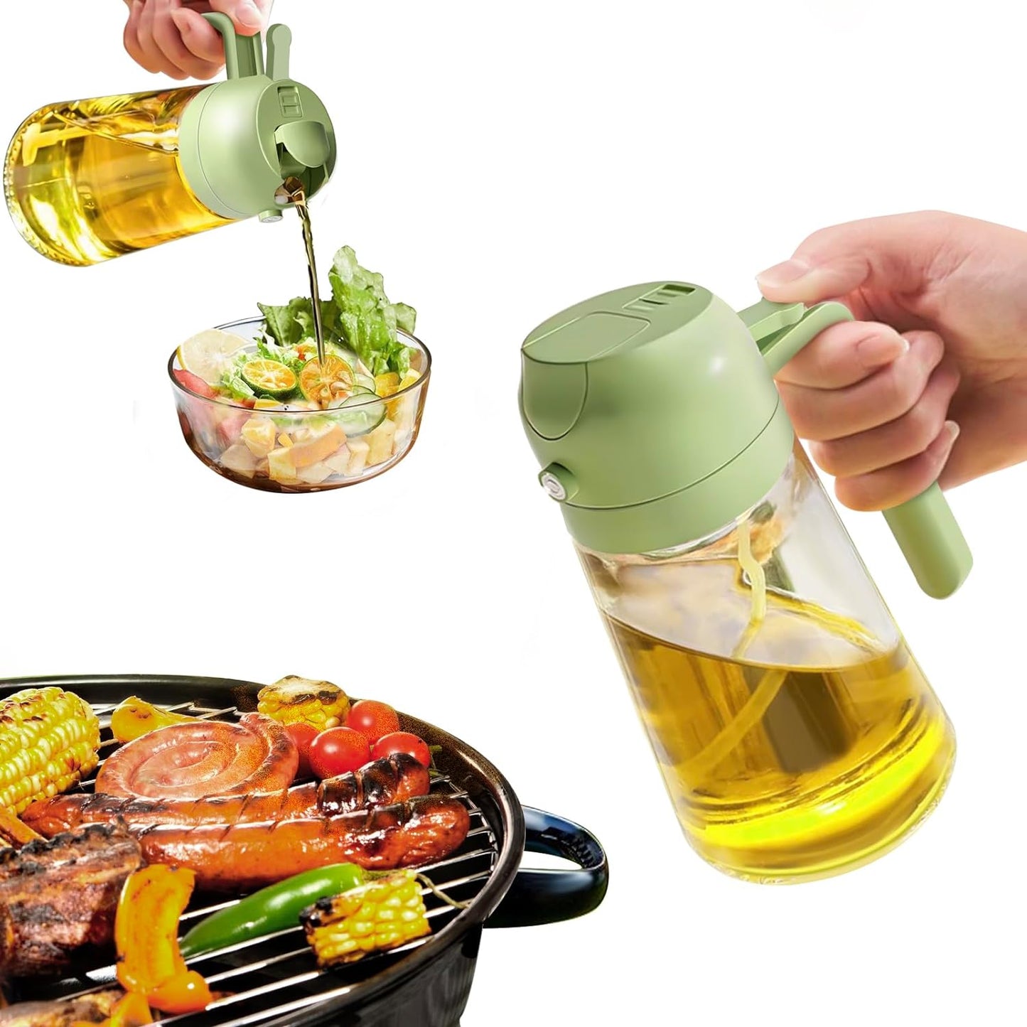 Grüne Ölspenderflasche aus Kunststoff, ideal für Salate und Grillen.