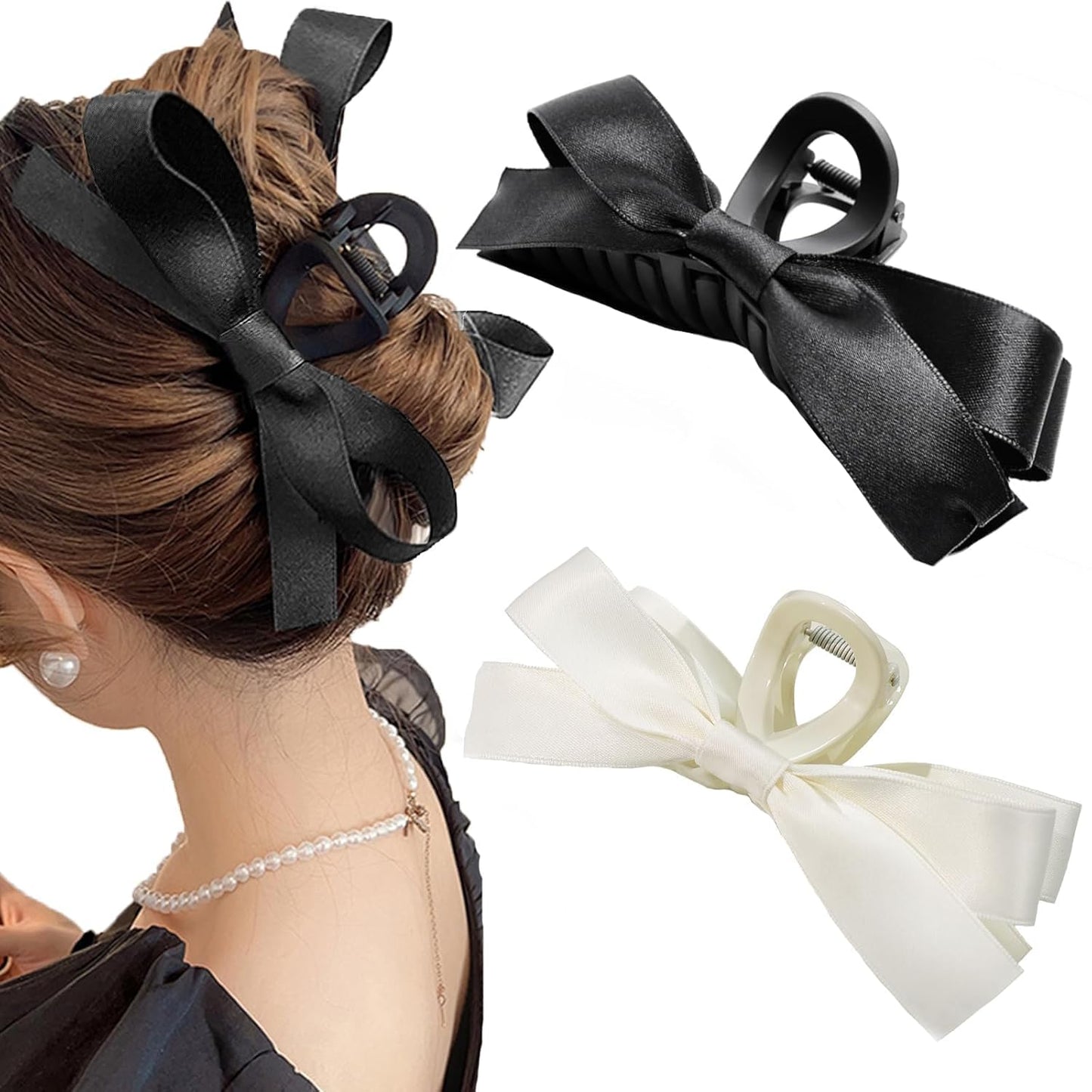 Schwarze und weiße Haarklammern mit Schleifen, elegantes Haaraccessoire für Damenfrisuren.