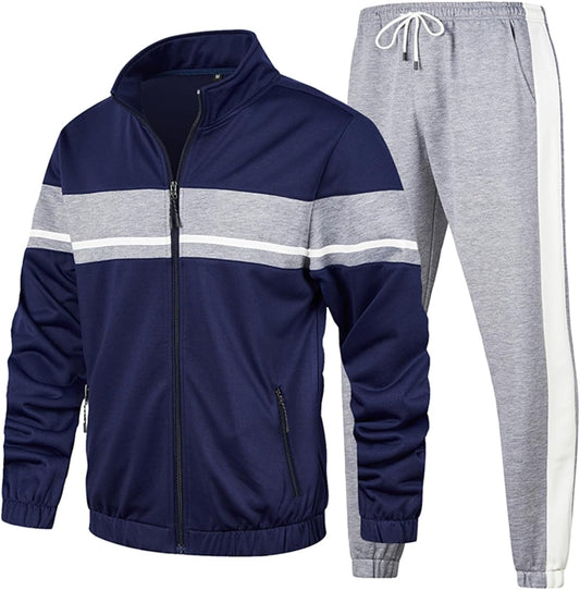 Dunkelblauer Trainingsanzug mit grauen Streifen, Reißverschlussjacke und Jogginghose, Herrenmode.