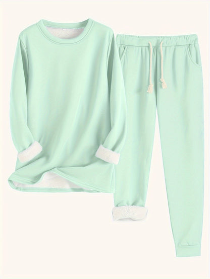 Zweiteiliges Set in blassem Mintgrün: Pullover und Jogginghose mit Kordelzug, Fleece-Futter an Ärmeln, Saum und Beinabschluss 10