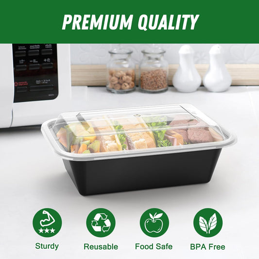 Schwarze Meal-Prep-Box mit transparentem Deckel, BPA-frei, lebensmittelecht, wiederverwendbar.
