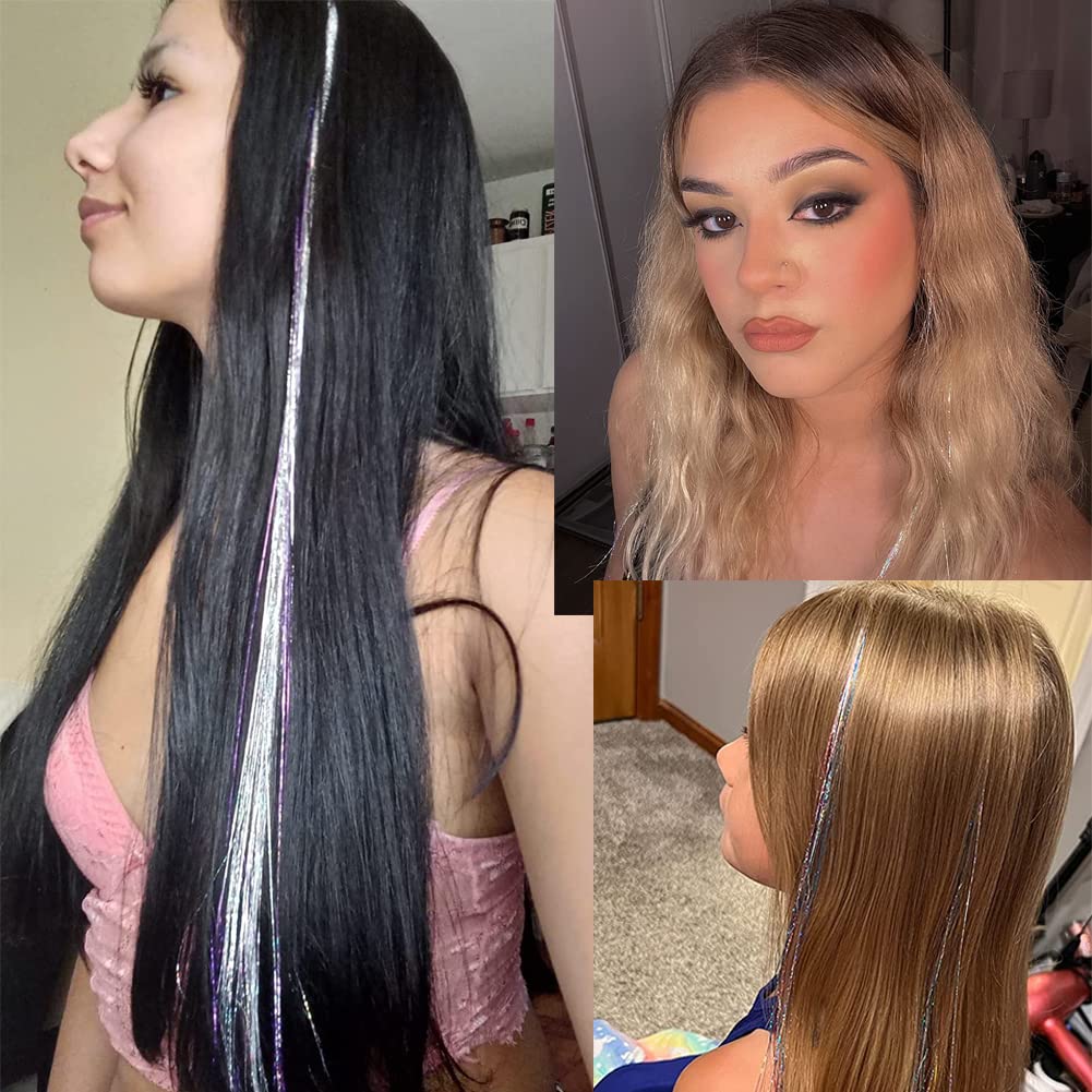 Drei Frauen mit Haarsträhnen in verschiedenen Farben und Längen, Haarverlängerung, modisch.