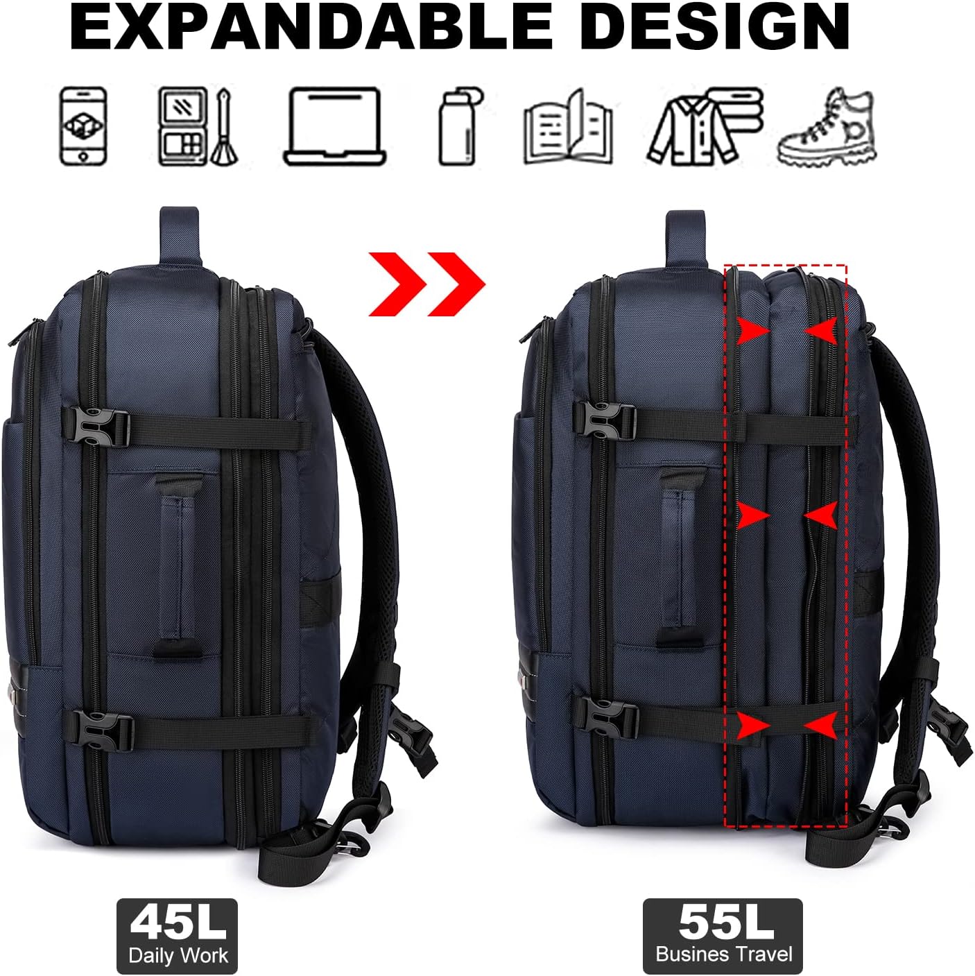 Erweiterbarer 45–55L Wasserdichter Reiserucksack mit 46,5 cm Laptopfach