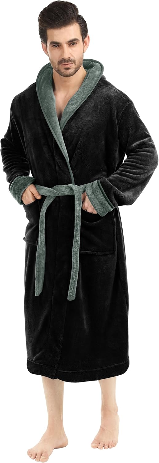 Schwarzer Herren-Bademantel, Fleece, mit Kapuze, Gürtel, gemütlich, warm, für Zuhause.