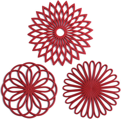 Rote Silikon-Untersetzer Set, hitzebeständig, rutschfest, Blumenmuster, Küchendekor.