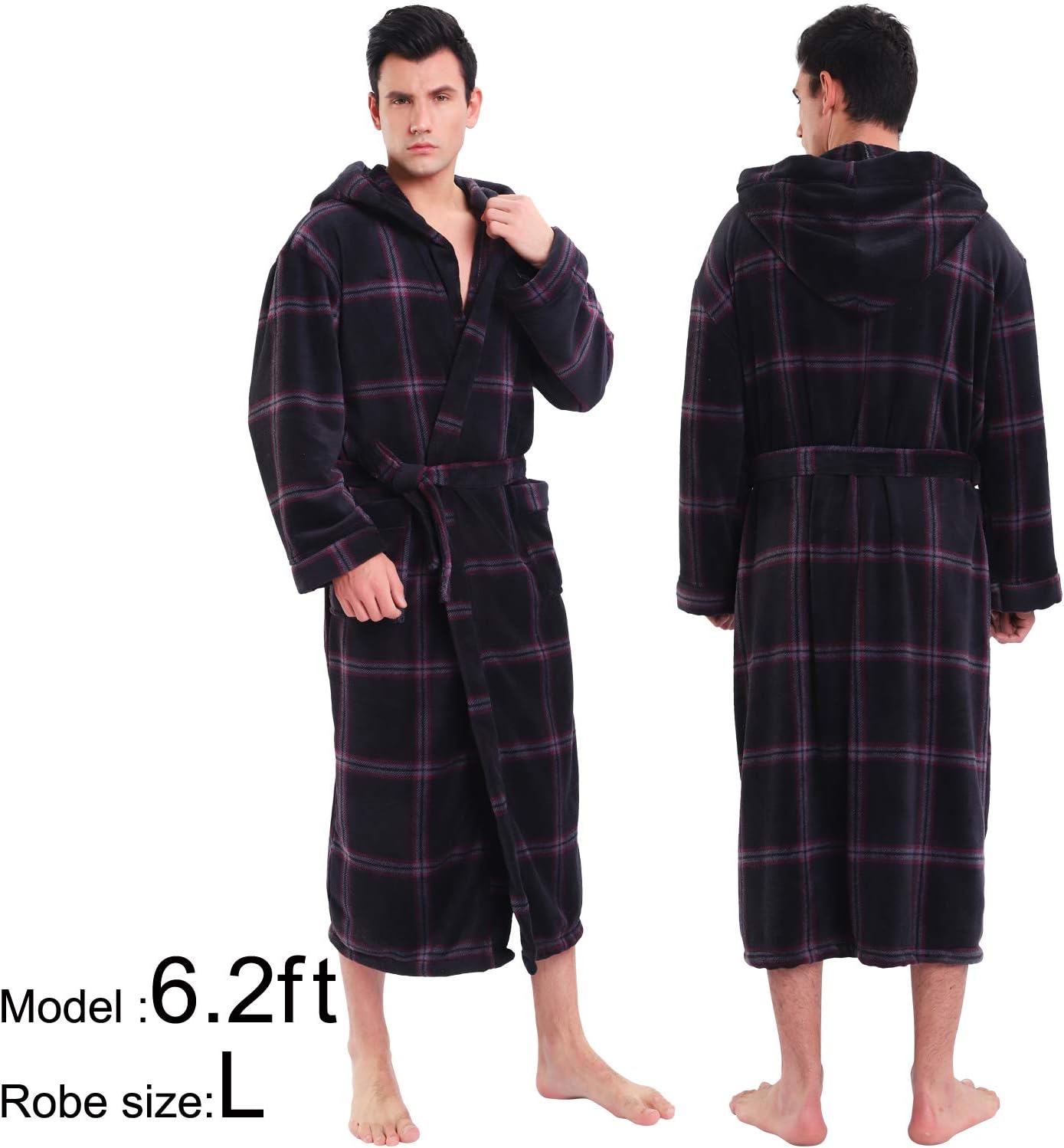 Schwarzer Herren-Bademantel mit Kapuze, kariert, Fleece, Größe L, gemütlich und warm.