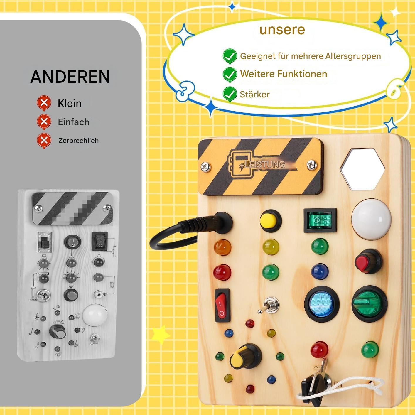 Holz-Montessori-Spielzeug mit Knöpfen und Lichtern, pädagogisch, robust, für Kinder geeignet.