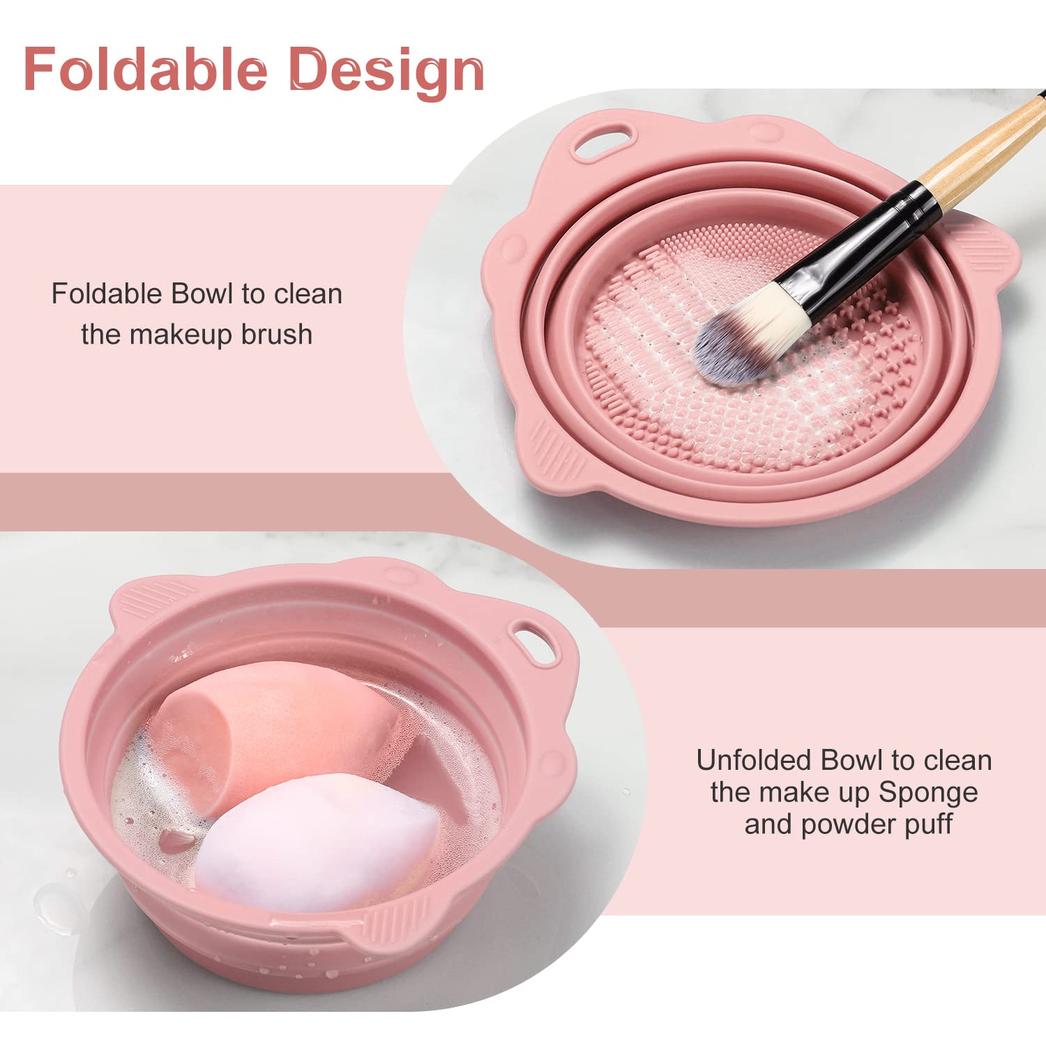 Faltbare Silikon-Schüssel rosa, Make-up-Pinselreiniger, kompakt, tragbar.