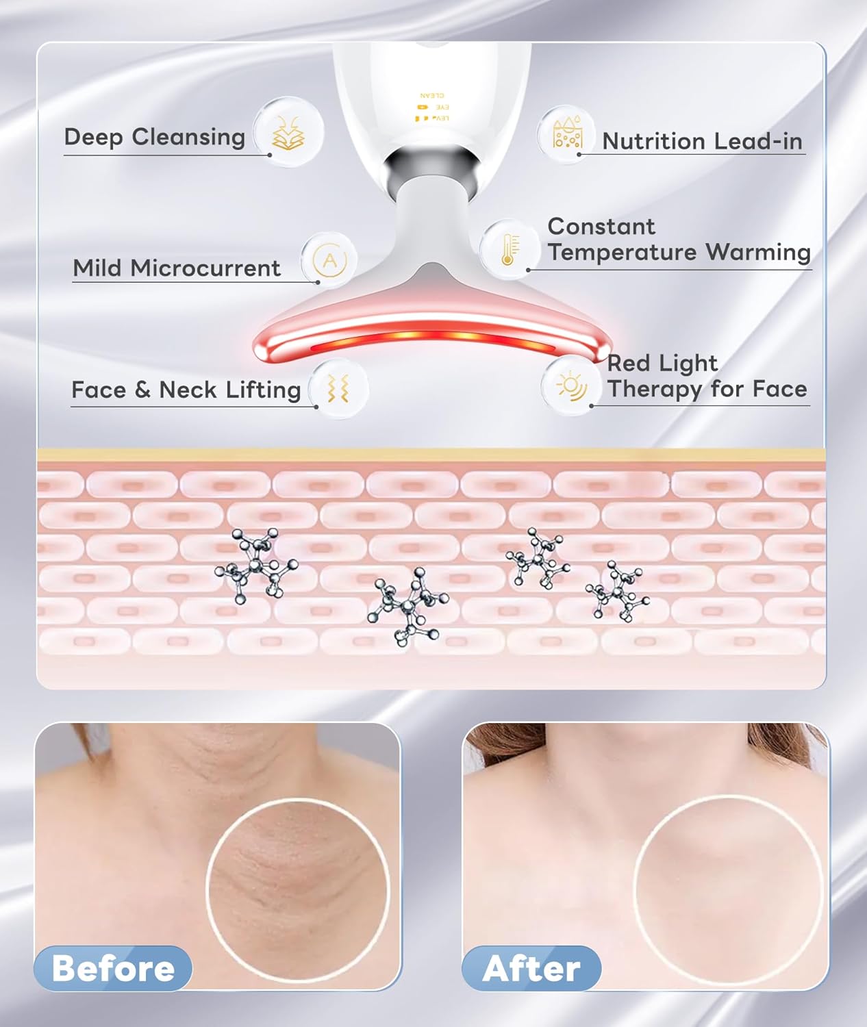 Hautstraffungsgerät mit rotem Licht, Mikrostrom, Gesicht- und Halslifting, Anti-Aging-Behandlung.