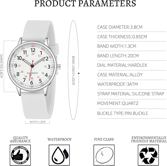Weiße Armbanduhr mit Silikonarmband, Quarzwerk, Hardlex-Zifferblatt, wasserdicht.