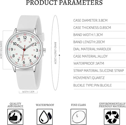 Weiße Armbanduhr mit Silikonarmband, Quarzwerk, Hardlex-Zifferblatt, wasserdicht.