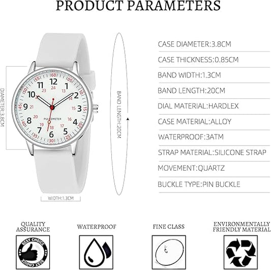Weiße Armbanduhr mit Silikonarmband, Quarzwerk, Hardlex-Zifferblatt, wasserdicht.