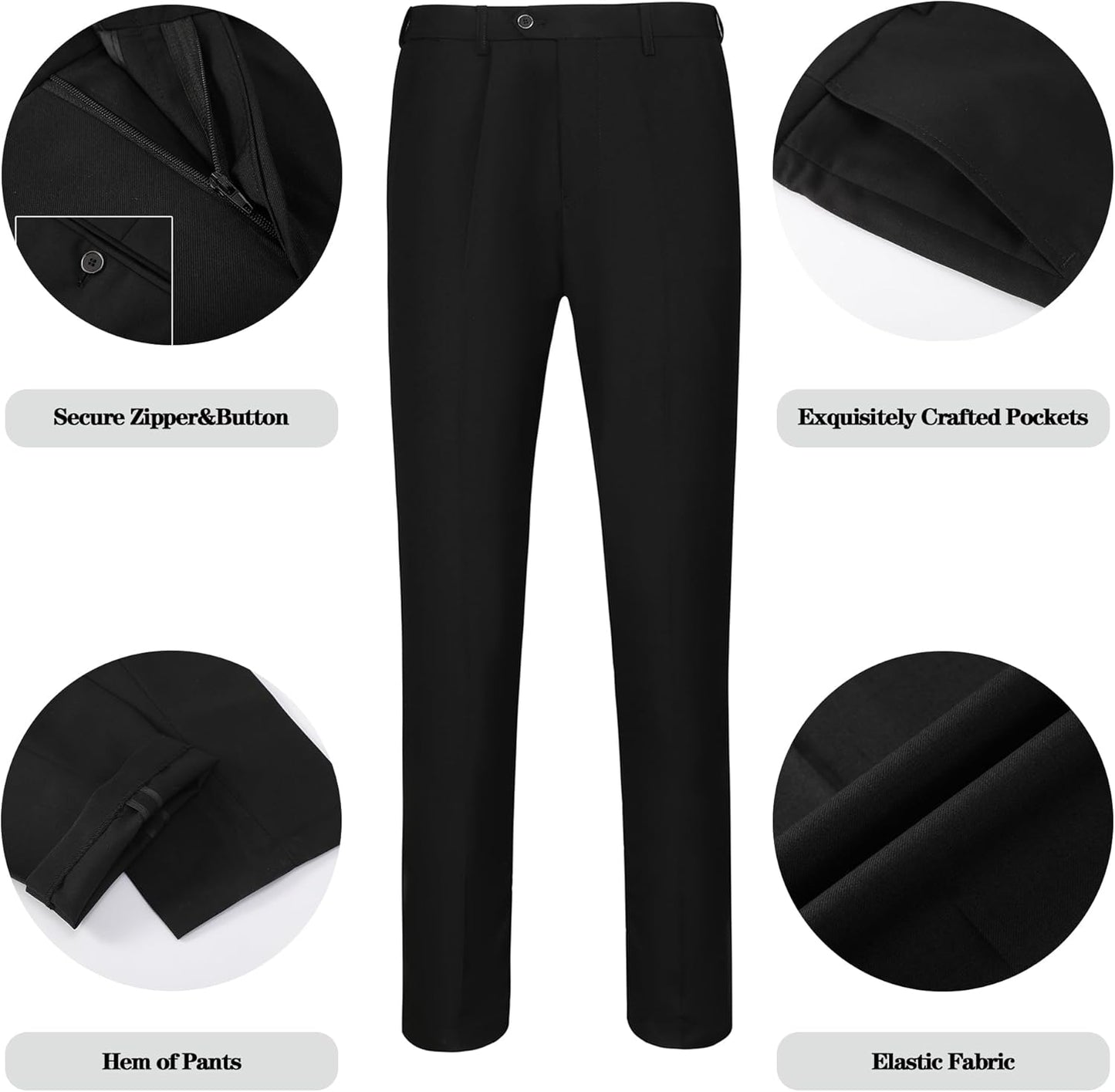 Schwarze Herrenanzughose, elastischer Stoff, sichere Reißverschluss & Knopf, exquisite Taschen.