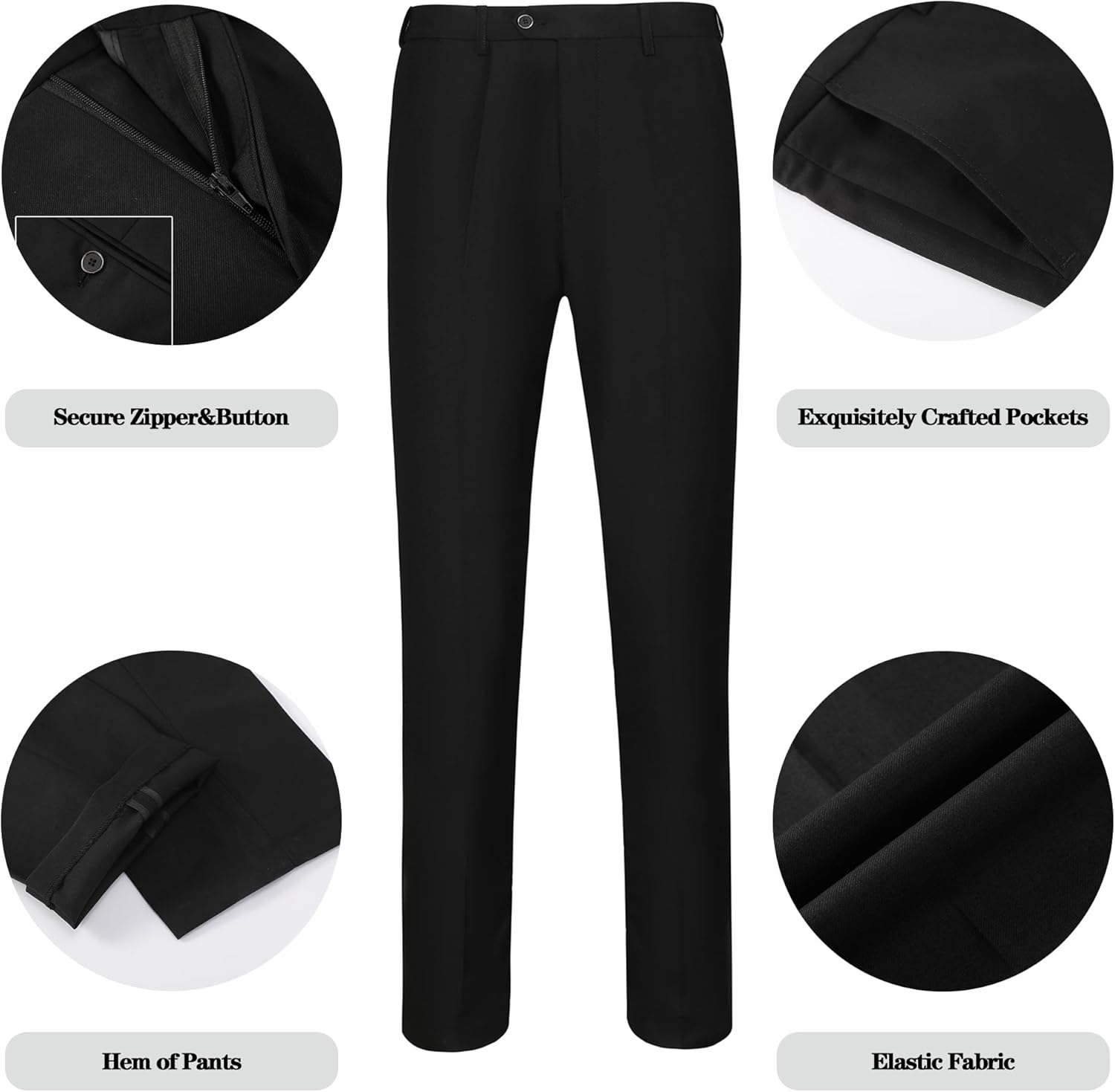 Schwarze Herrenanzughose, elastischer Stoff, sichere Reißverschlussknopf, exquisite Taschen.