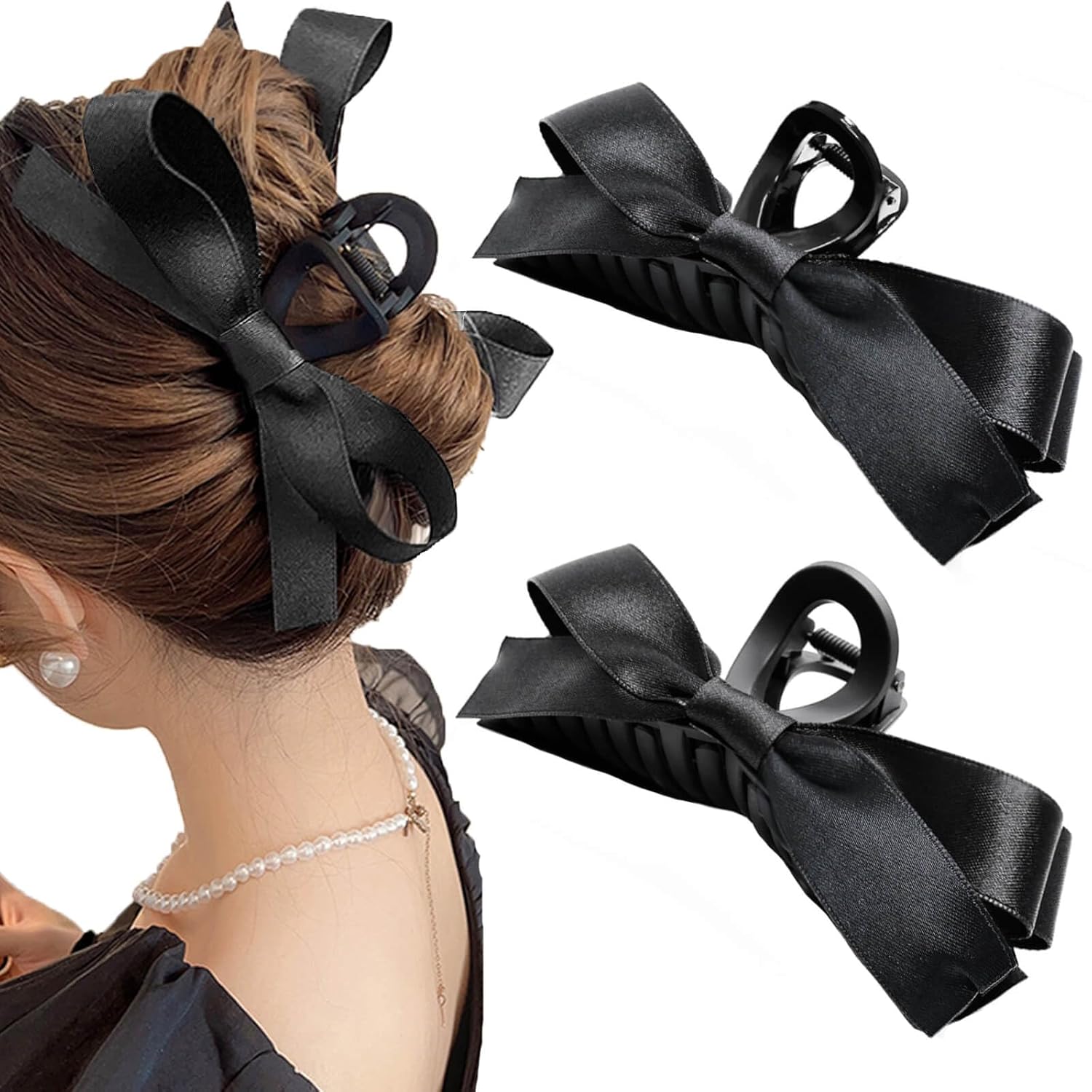 Schwarze Haarklammer mit Schleife, elegantes Haaraccessoire, Kunststoff, Damenfrisur.