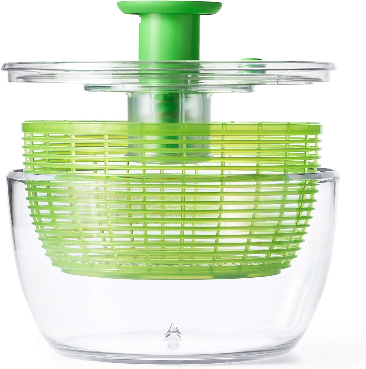 Grüne Salatschleuder aus Kunststoff, transparent, mit Kurbel, ideal zum Trocknen von Salat.