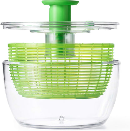 Grüne Salatschleuder aus Kunststoff, transparent, mit Kurbel, ideal zum Trocknen von Salat.