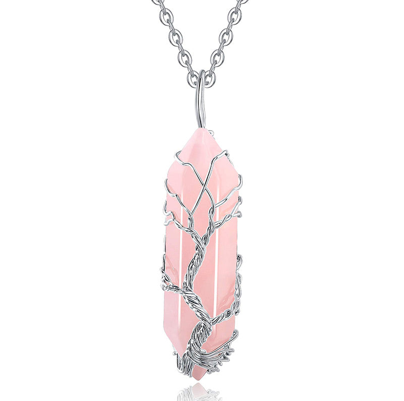 Rosenquarz-Anhänger mit silberner Kette, Baum des Lebens Design, Heilstein Schmuck.
