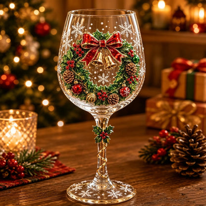 Weinglas mit plastischem Weihnachtskranz aus Stechpalmenzweigen, Tannenzapfen, roter Schleife und goldenen Glöckchen 5